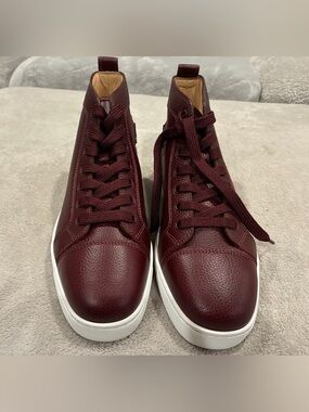 Christian Louboutin Men's Leather High-Top Sneakers in Burgundy